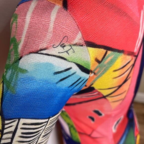 Stella Jean Short Sleeved Midi Dress Corta Colorful Print Stretch Womens 40 US 4 - Picture 9 of 16